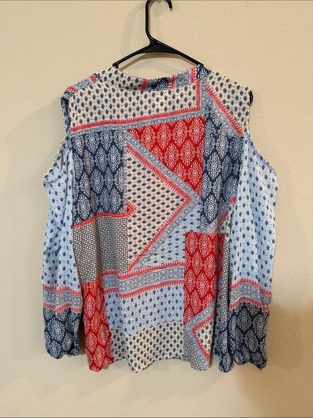 Chico's Red, Navy & White Cold-Shoulder Tie-Neck Blouse - Picture 3 of 3